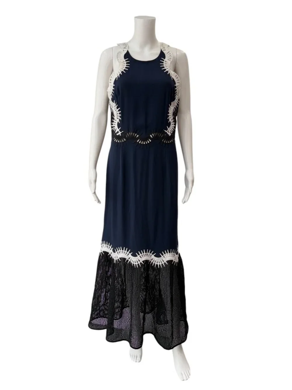 JONATHAN SIMKHAI Navy Blue Blace Peplum Lace Embroidered Midi Dress size M - Picture 4 of 11